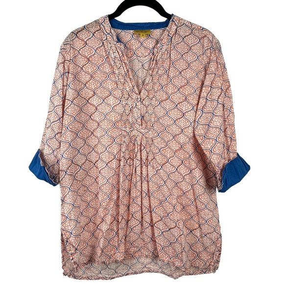 ROBERTA ROLLER RABBIT Small 100% Cotton Orange White & Blue Printed VNeck Blouse - Picture 1 of 14